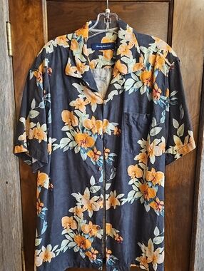 Tommy Bahama Black Short-Sleeve Camp Shirt with Orange Floral Print